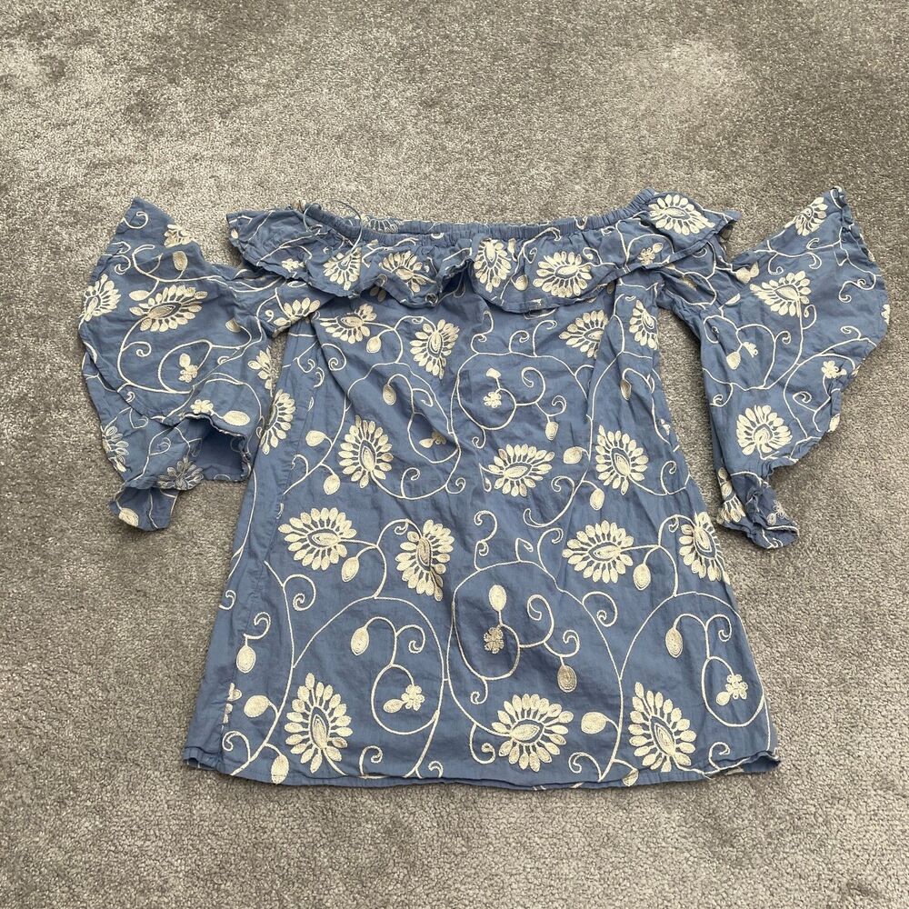 Polagram Embroidered Off Shoulder Blouse Womens Medium Blue Floral Bell Sleeve